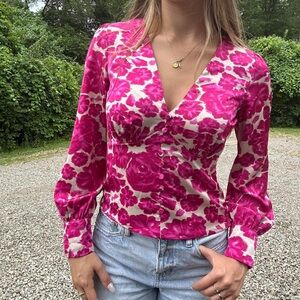 NWT J. Crew pink floral satin plunge v neck button blouse size 4